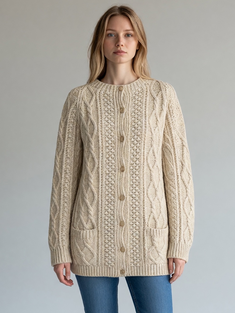 Vintage Handkerchief Trimingham 100% Wool Cable Knit Chunky cardigan Grandmacore